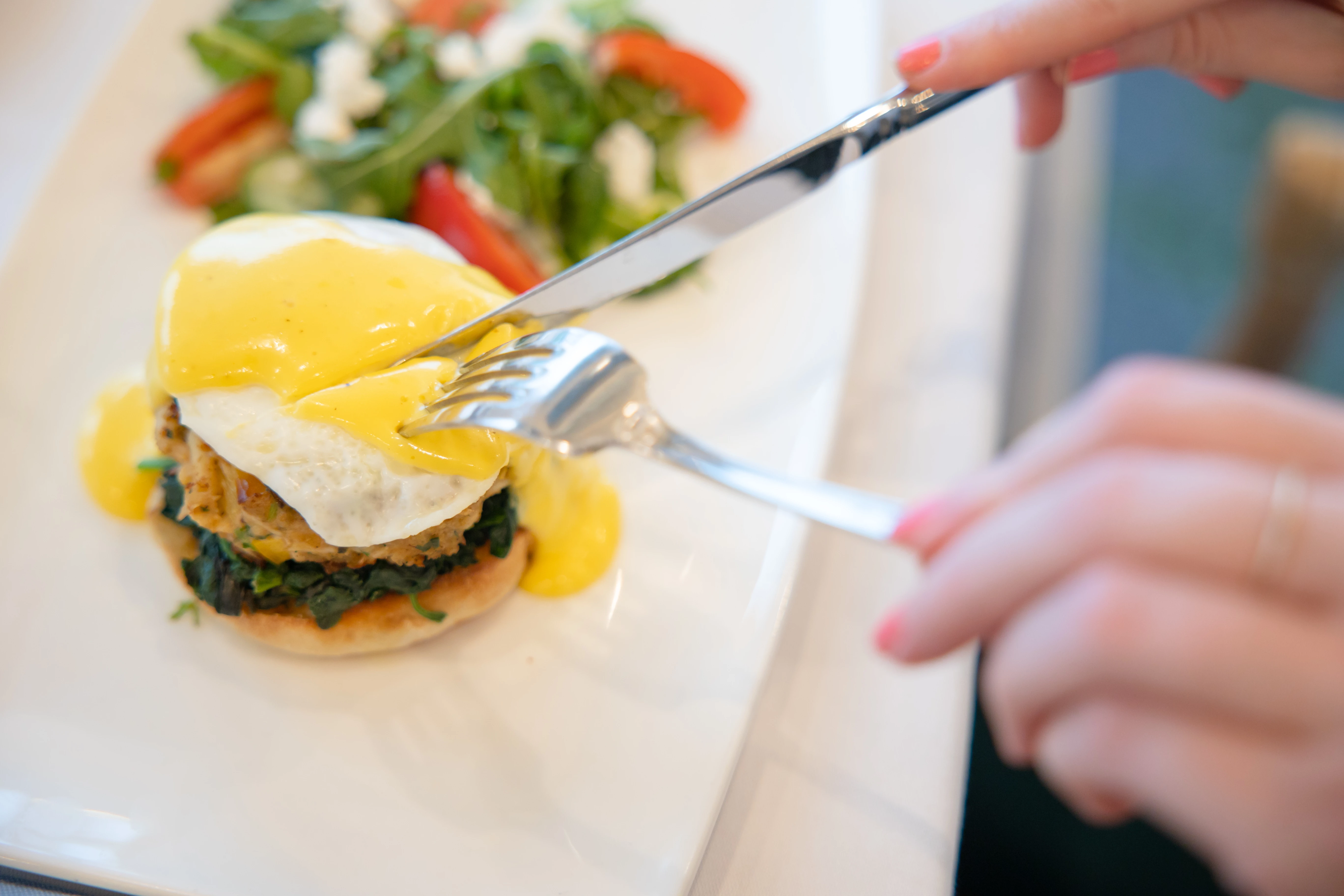 Guest eating brunch, fork over plate