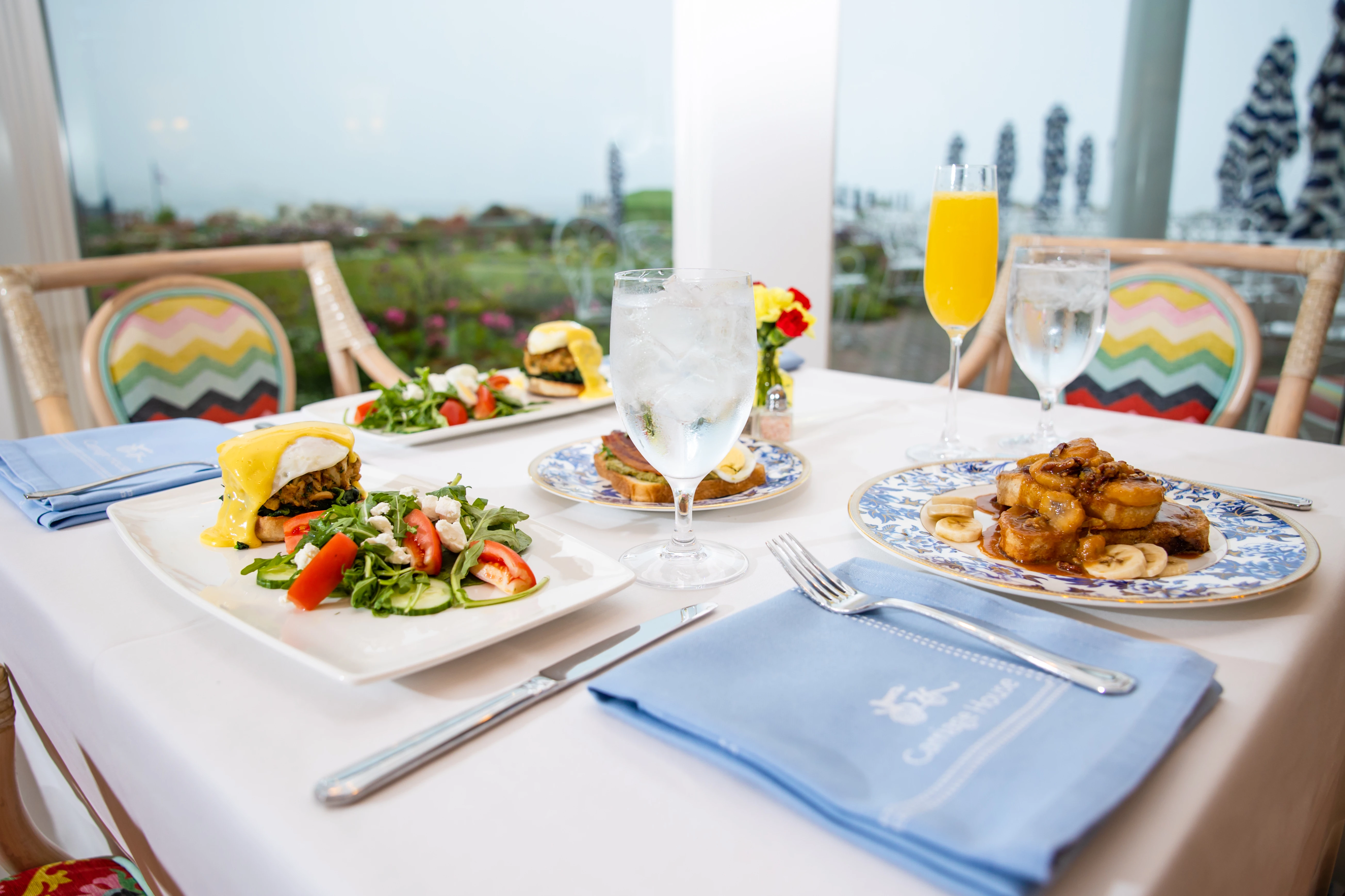 Brunch table spread with plates and drinks