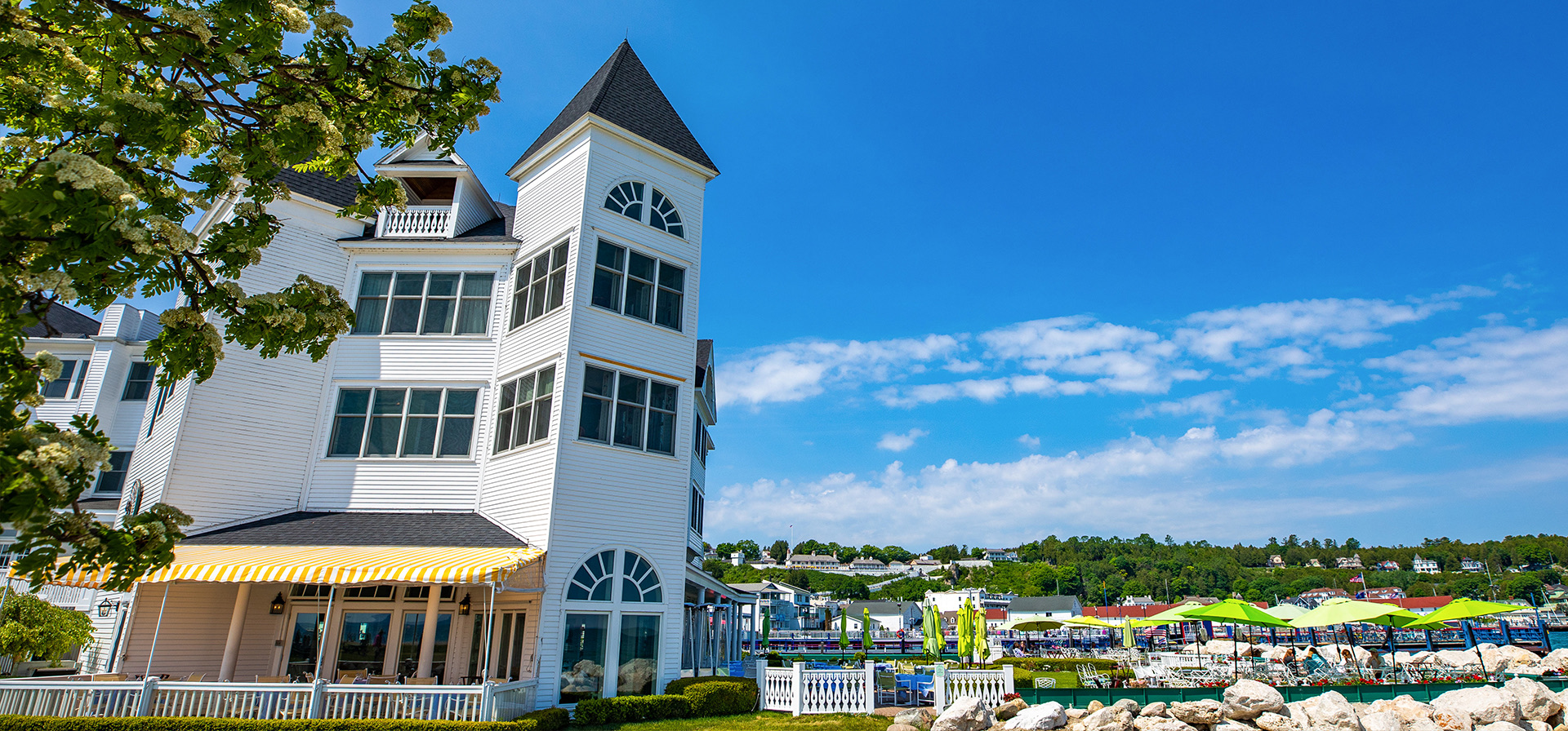 Dock seating overlooking the Straits of Mackinac